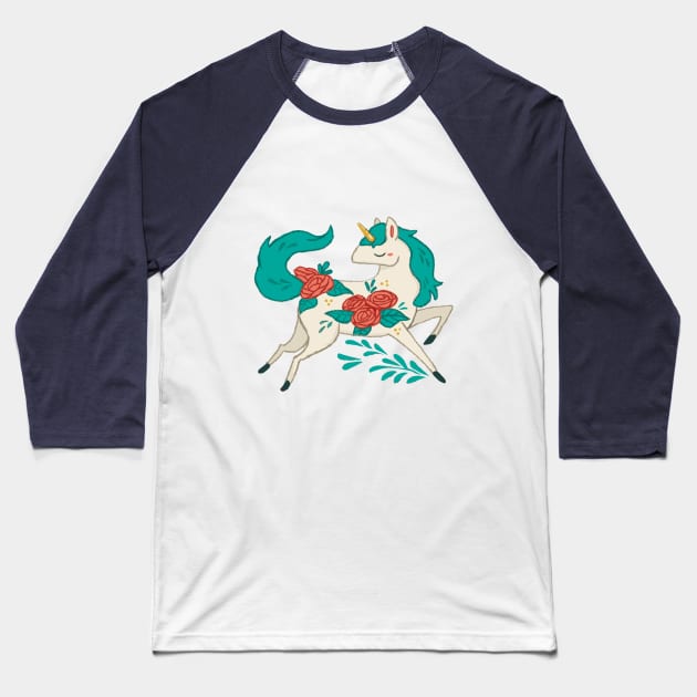 Unicorn Flowers Baseball T-Shirt by MichelleScribbles